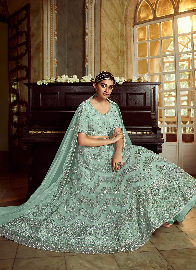 Aqua Blue Wedding Lehenga Choli With Handwork Embroidery - Image 3