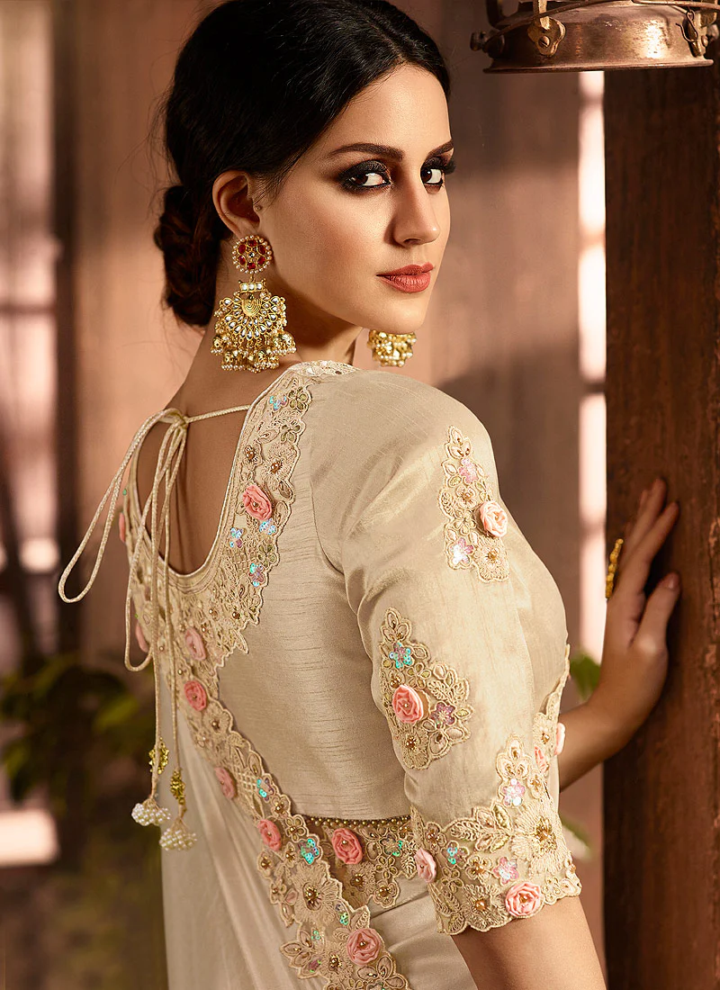 Beige With Golden Pallu Embroidered Designer Saree - Image 3