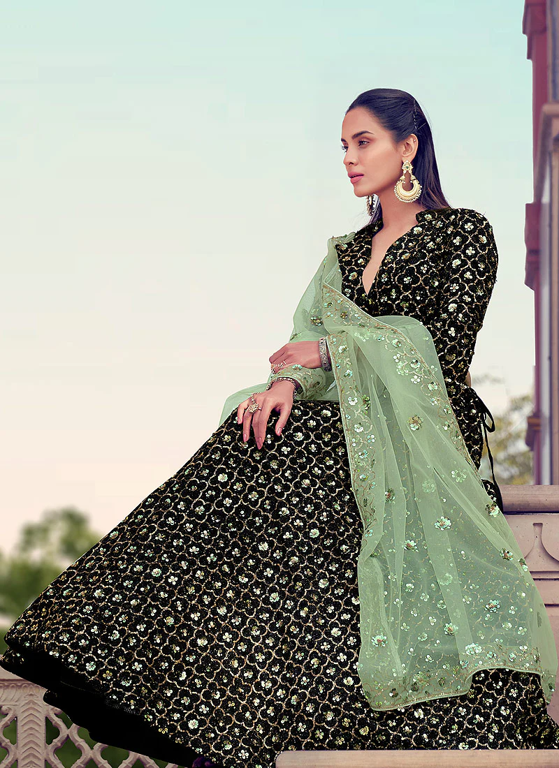 Black And Green Sequence Embroidered Lehenga Choli - Image 3