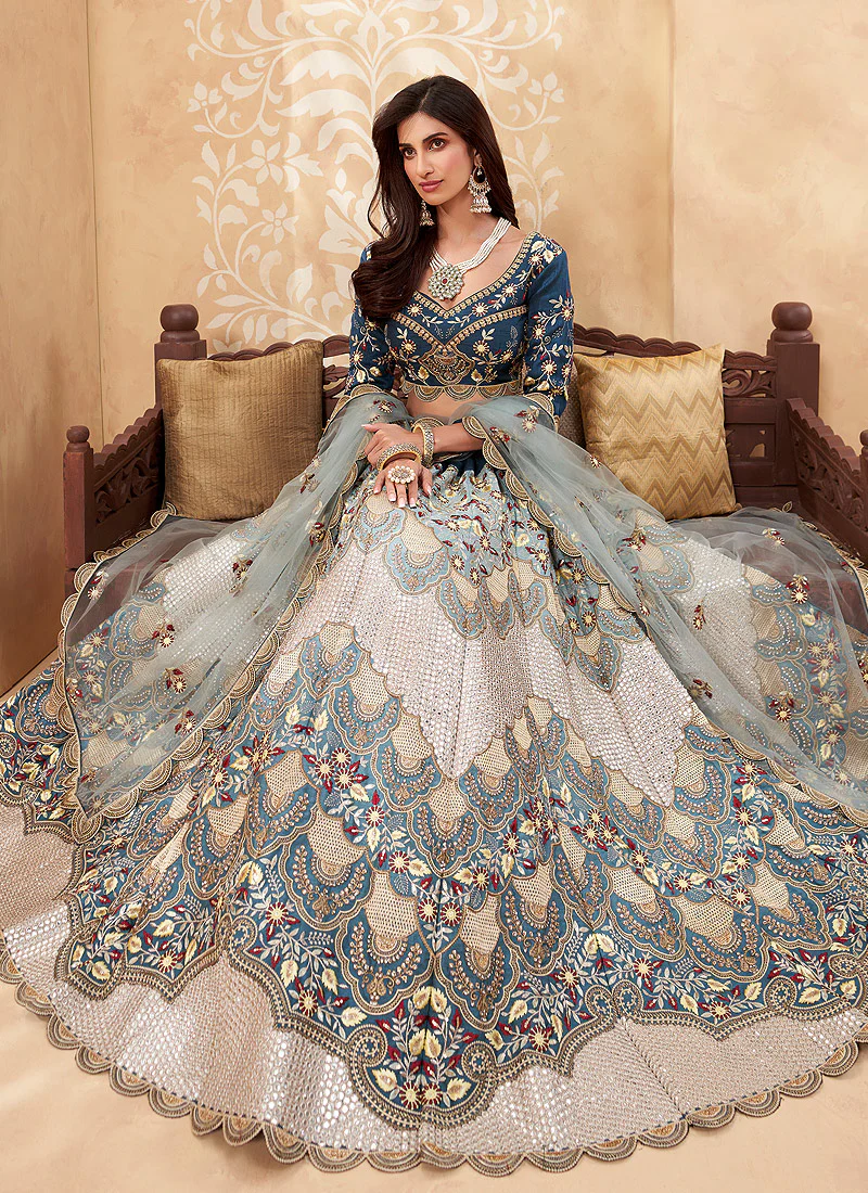 Blue And Peach Multi Embroidered Designer Weddinng Lehenga Choli - Image 4