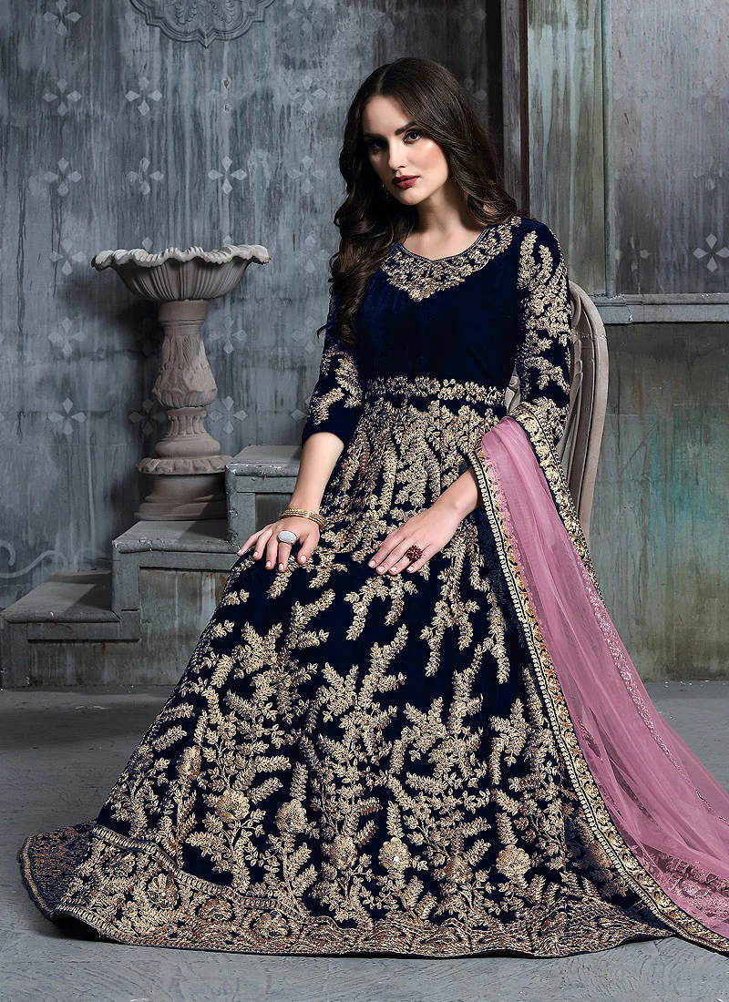 Blue And Pink Embroidered Indian Anarkali Suit - Image 3
