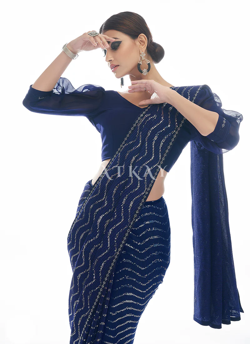 Blue Sequence Embellished Bridesmaid Saree - Image 4
