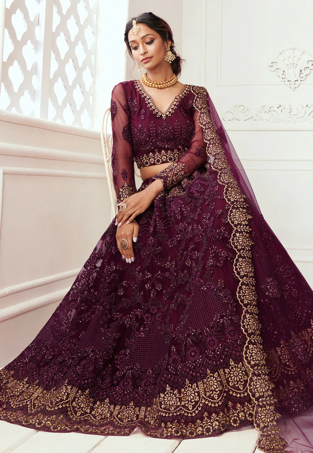 Bridal Maroon Multi Embroidered Lehenga Choli - Image 4