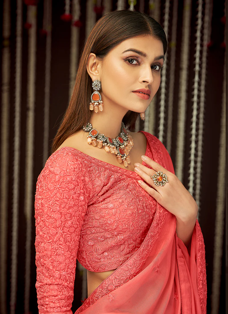 Deep Peach Embroidered Organza Silk Saree - Image 3