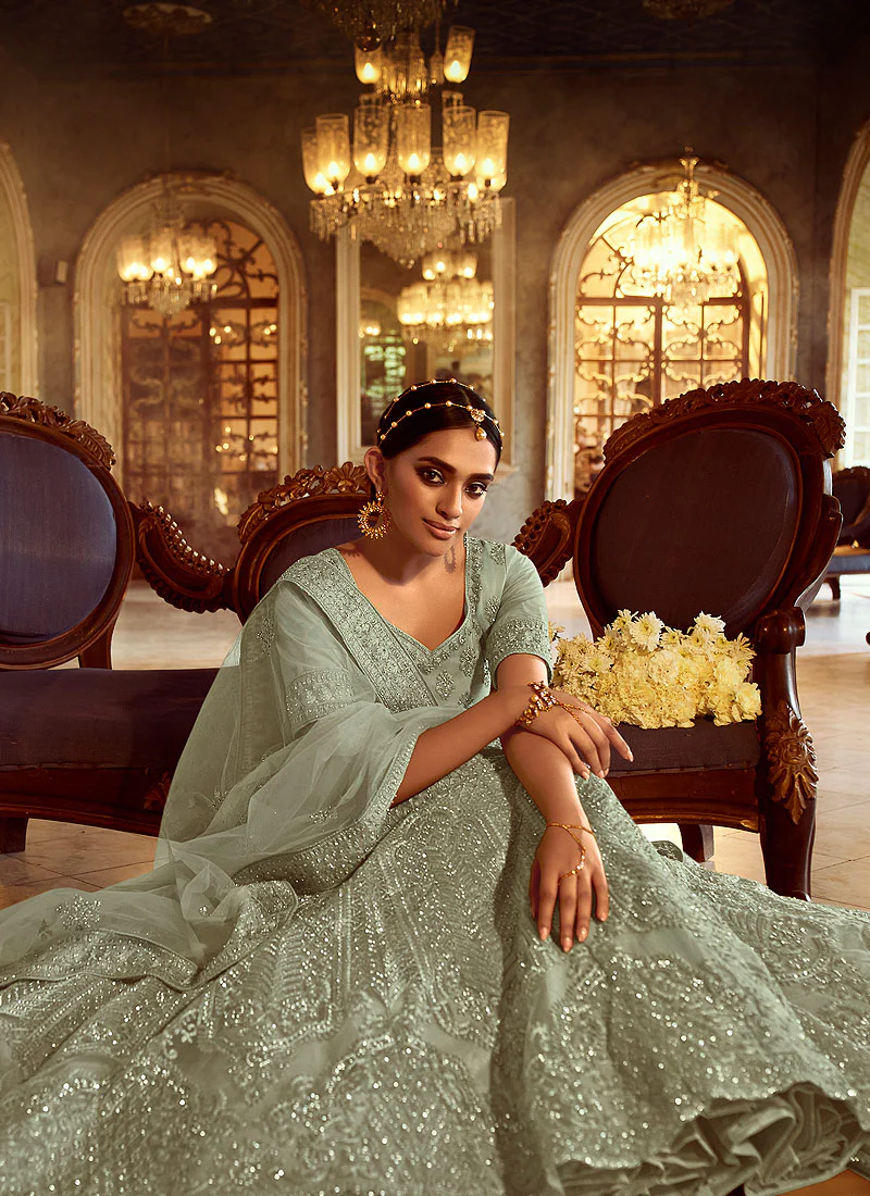 Dusty Green Wedding Lehenga Choli With Handwork Embroidery - Image 3