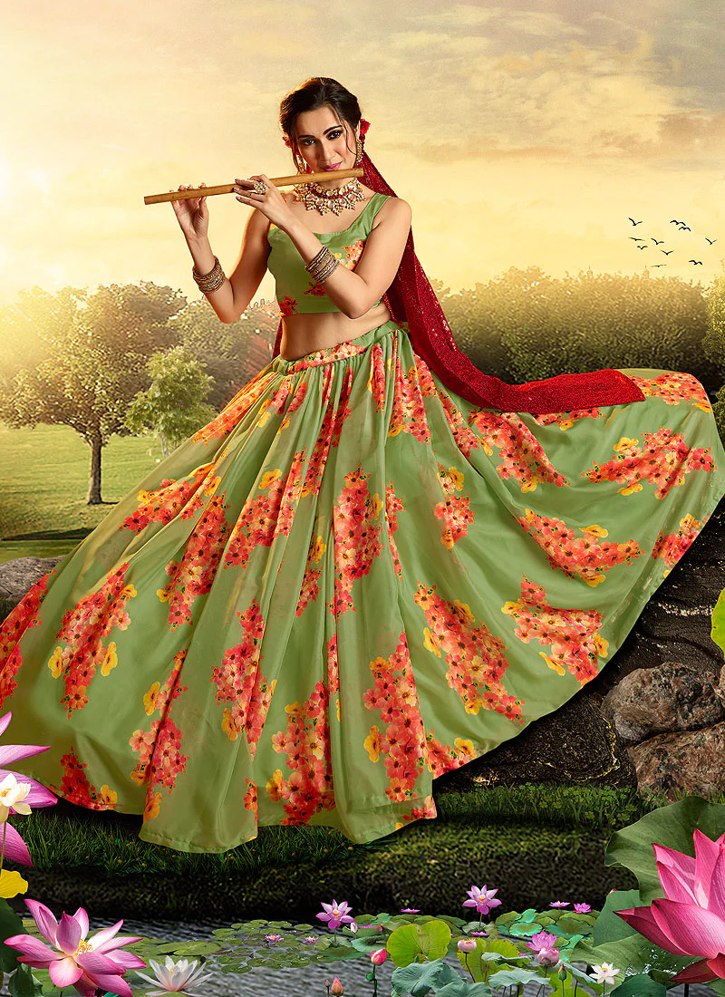 Green And Red Floral Printed Lehenga Choli - Image 3