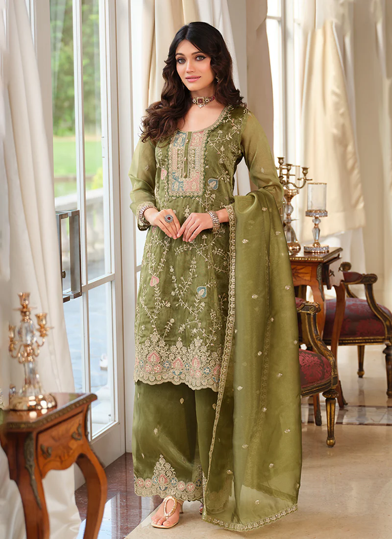 Green Multi Embroidered Pant Style Suit - Image 3