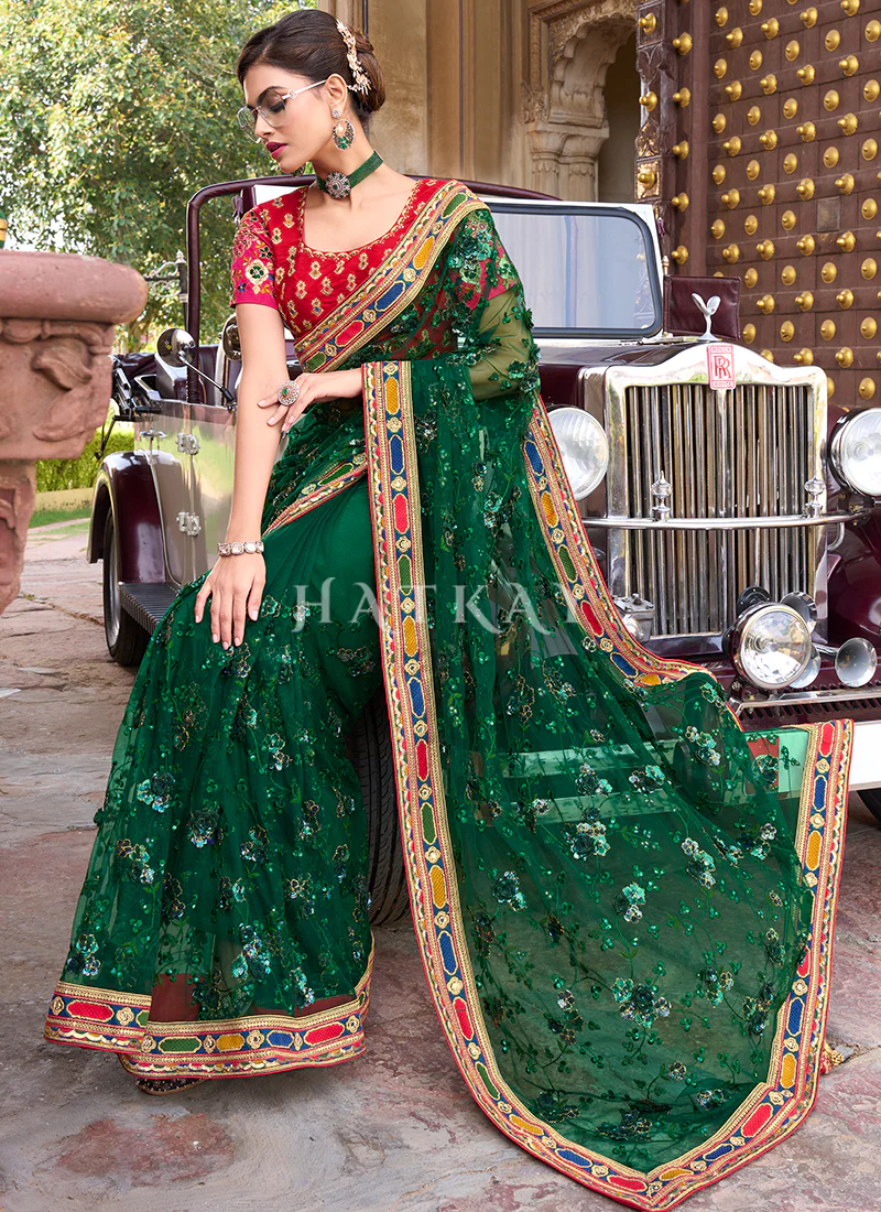 Green Sequence And Appliqué Embroidery Designer Wedding Saree - Image 4