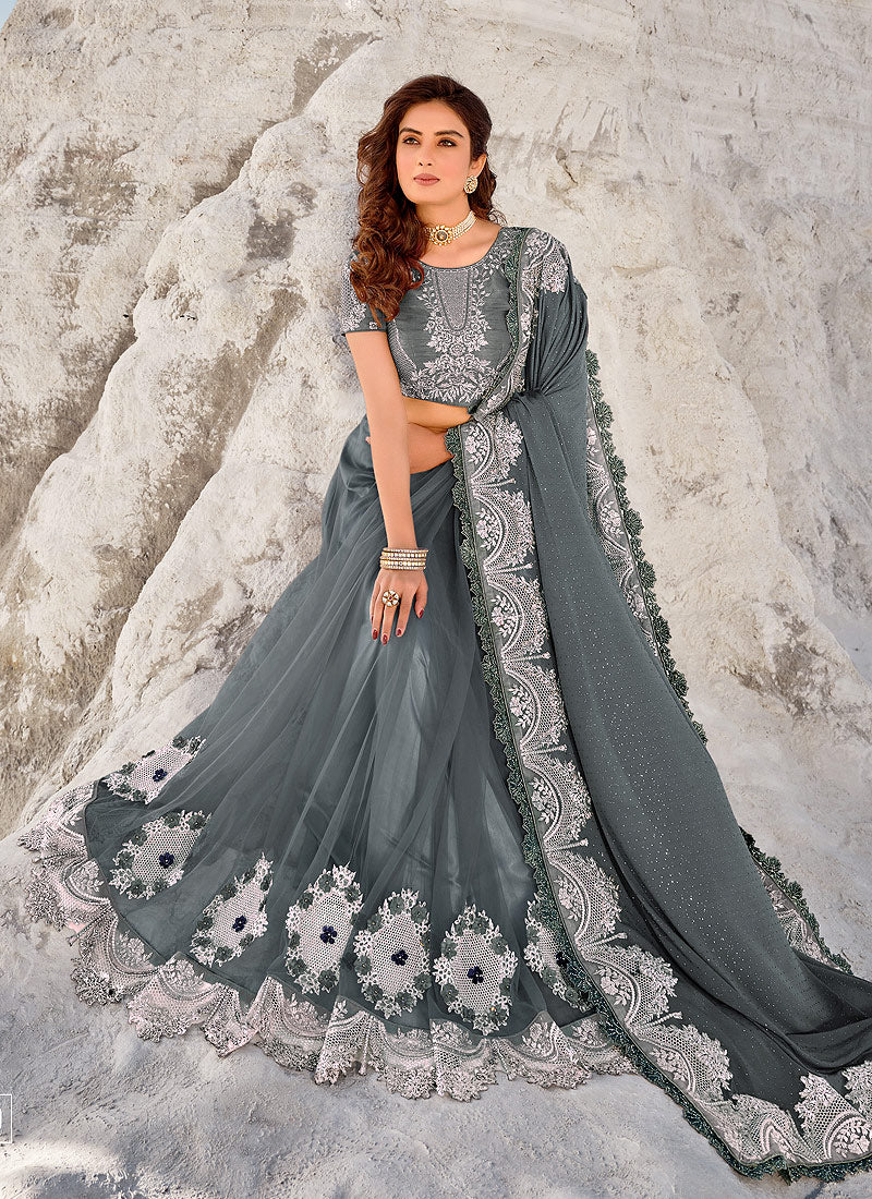 Grey Silver Embroidered Designer Indian Wedding Saree - Image 3