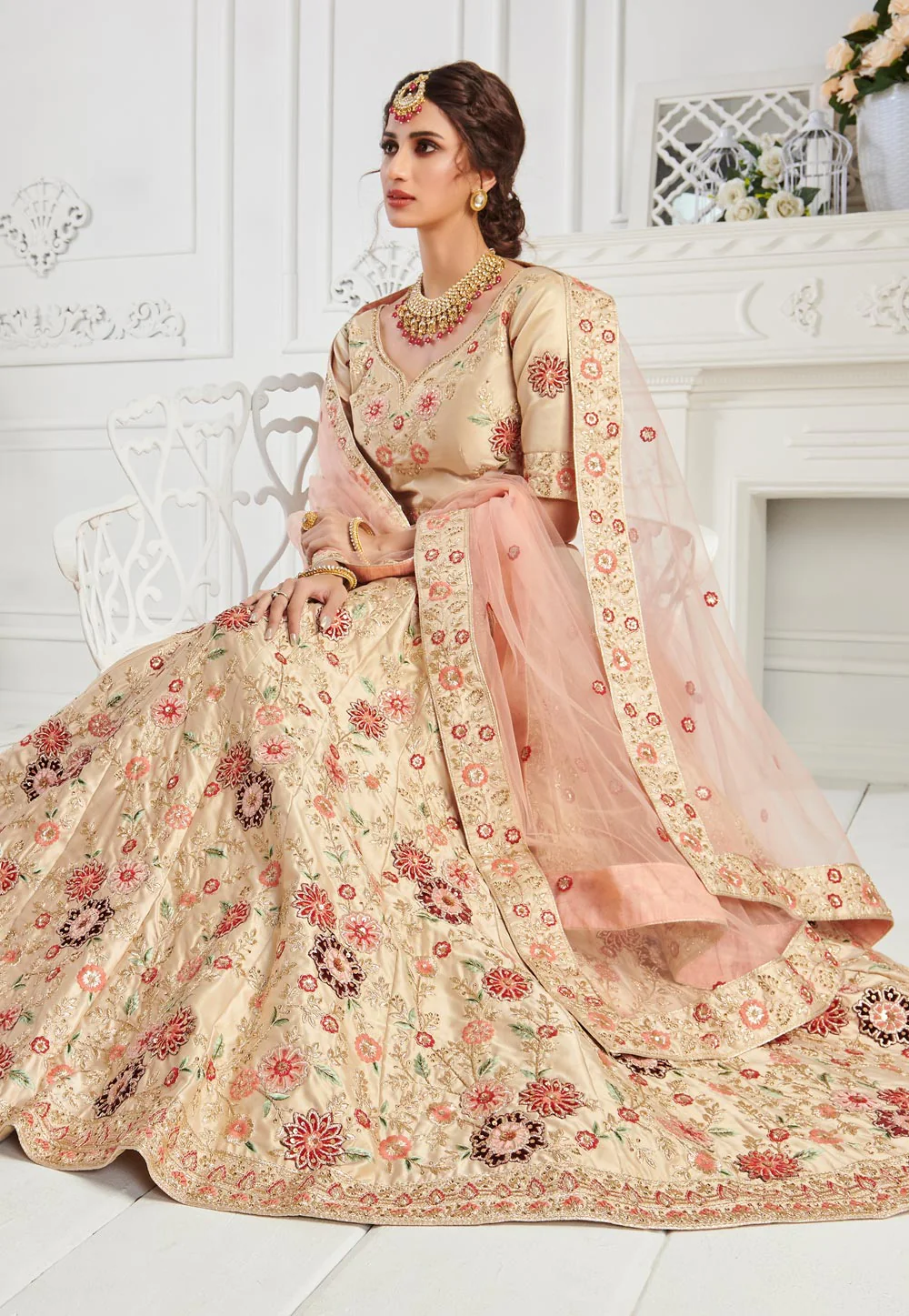 Ivory Cream Floral Embroidered Lehenga Choli - Image 4