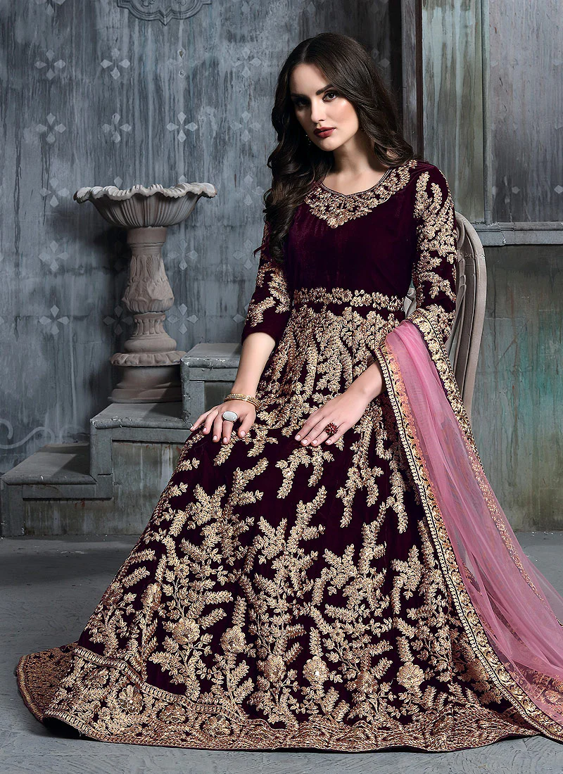Magenta And Golden Indian Anarkali Suit - Image 3