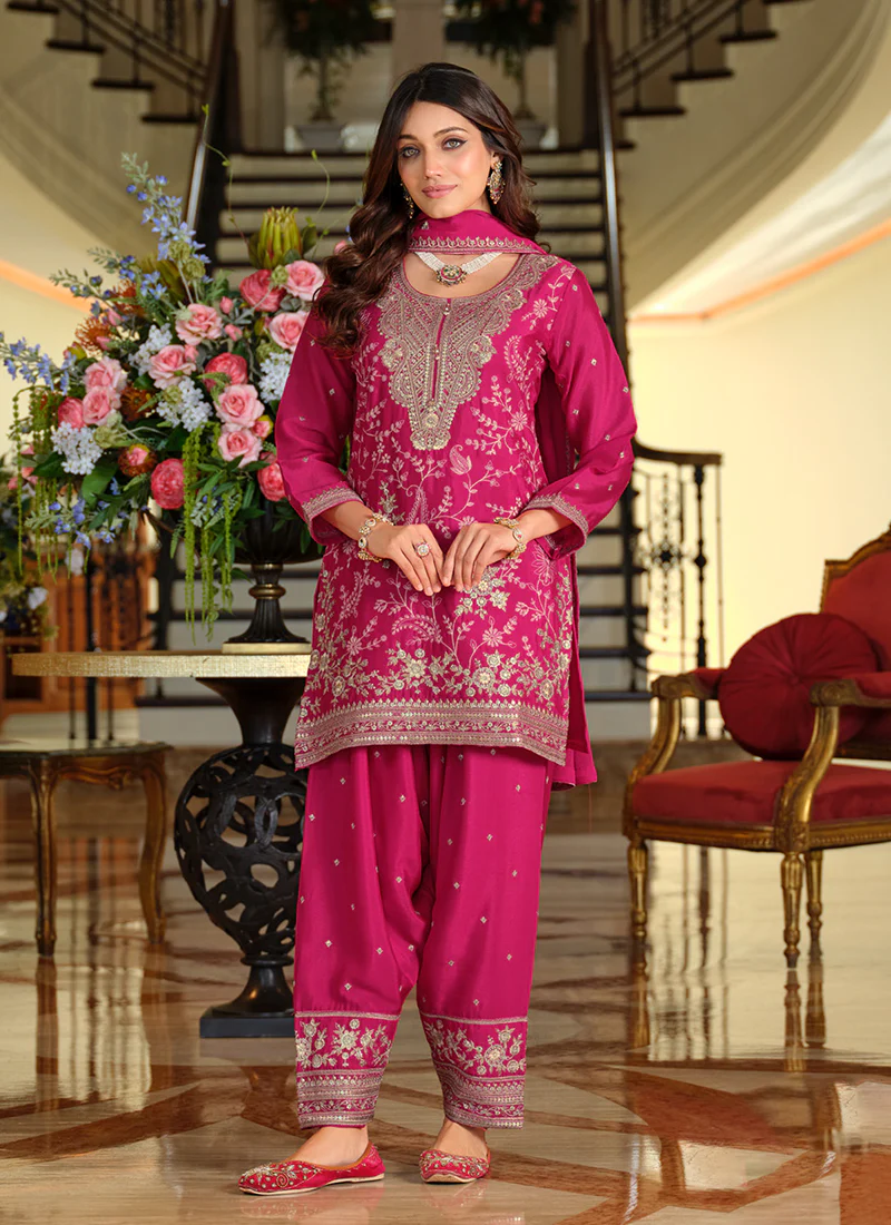 Magenta Embroidered Chinnon Silk Patiala Suit - Image 3