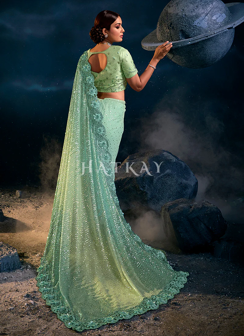 Mint Green Sequence Embroidered Festive Saree - Image 3
