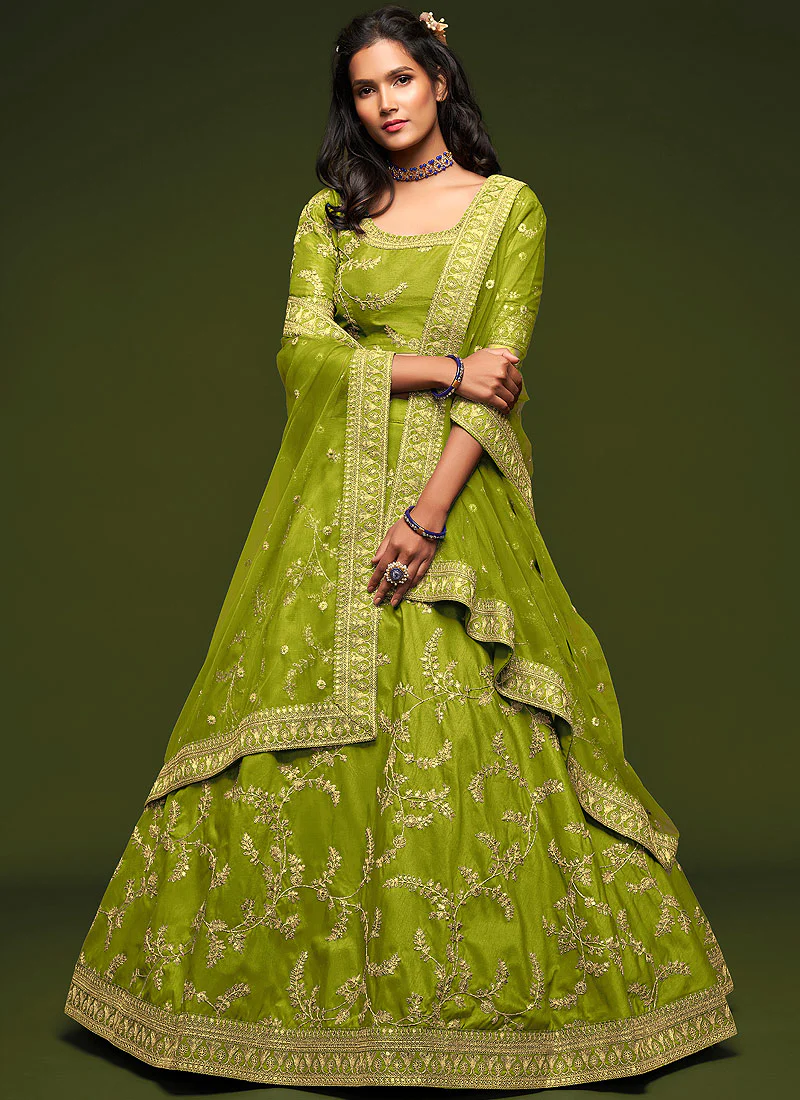 Neon Green Zari Embroidered Silk Lehenga Choli - Image 3