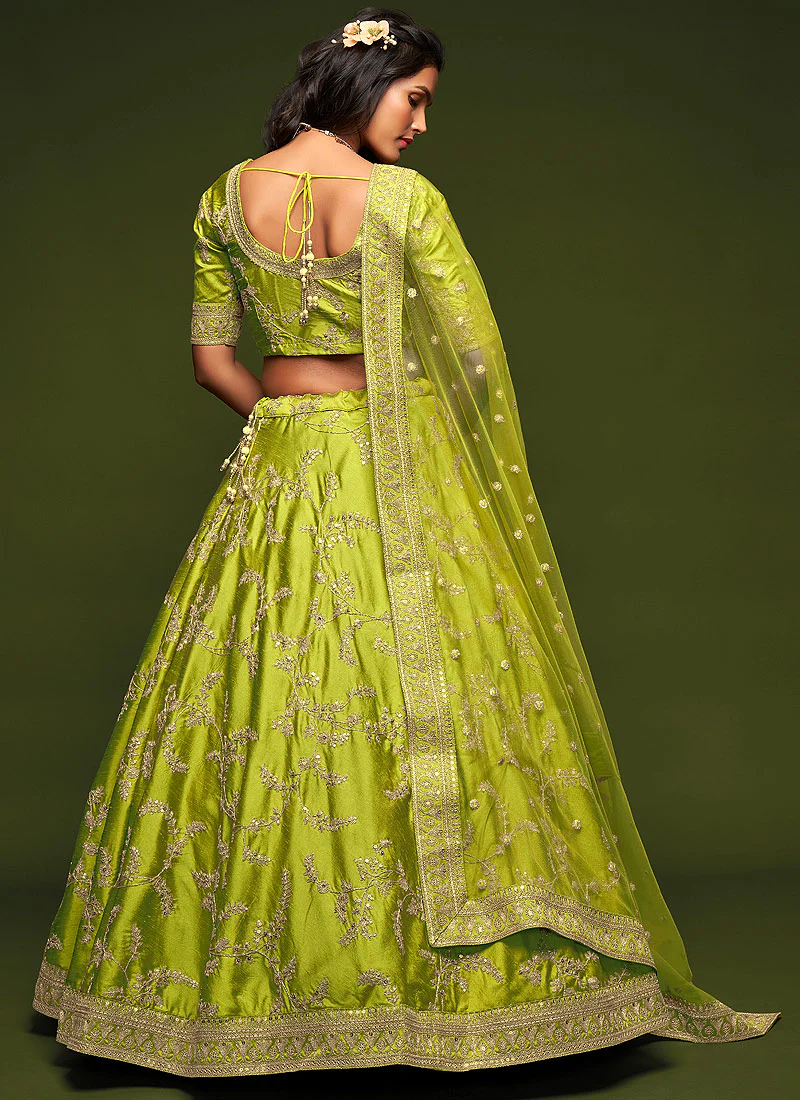 Neon Green Zari Embroidered Silk Lehenga Choli - Image 4