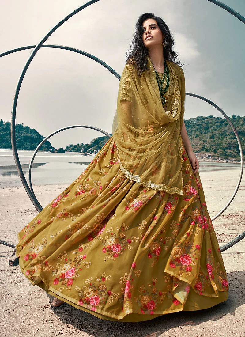 Olive Green Floral Prints And Sequence Embroidered Lehenga Choli - Image 3