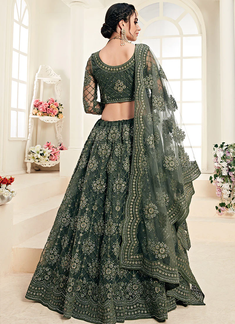 Olive Green Pearl Embroidered Wedding Lehenga Choli - Image 3