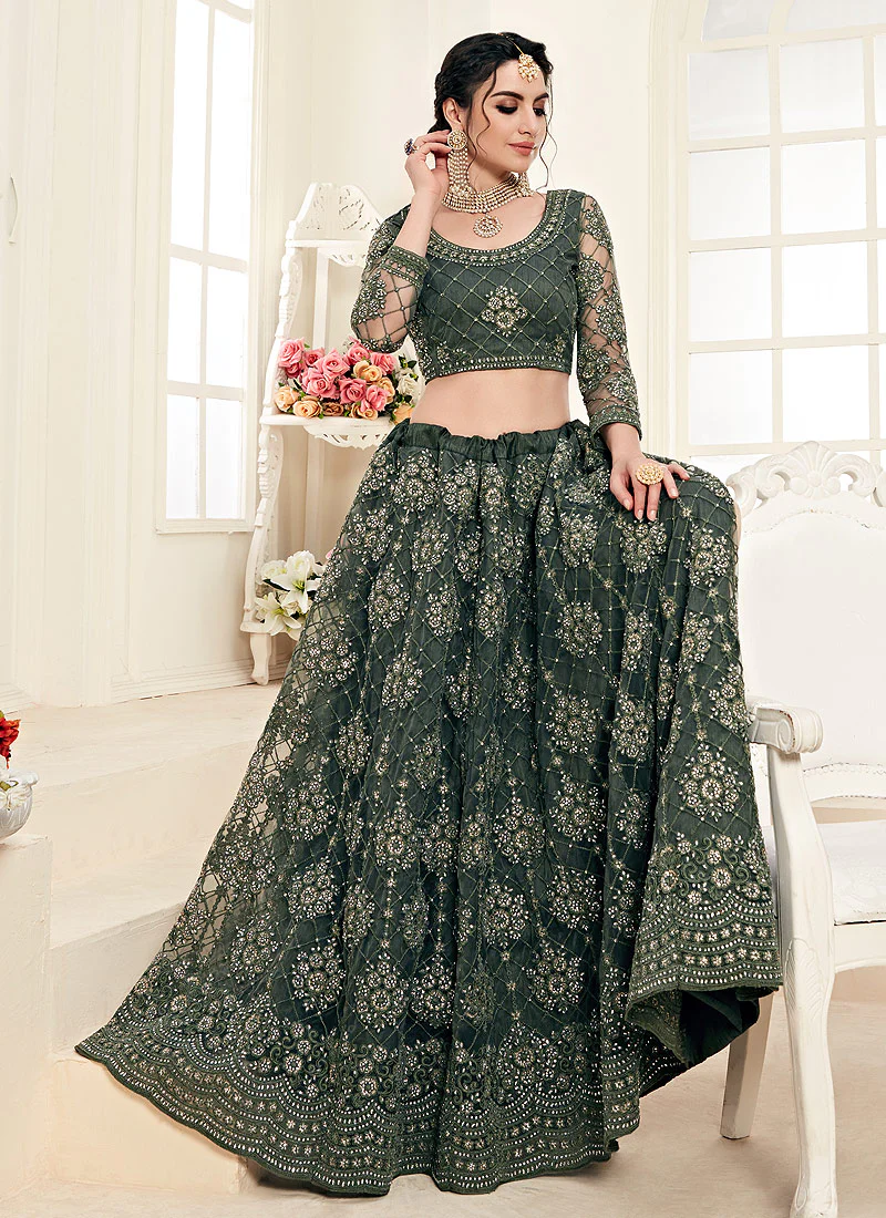Olive Green Pearl Embroidered Wedding Lehenga Choli - Image 4