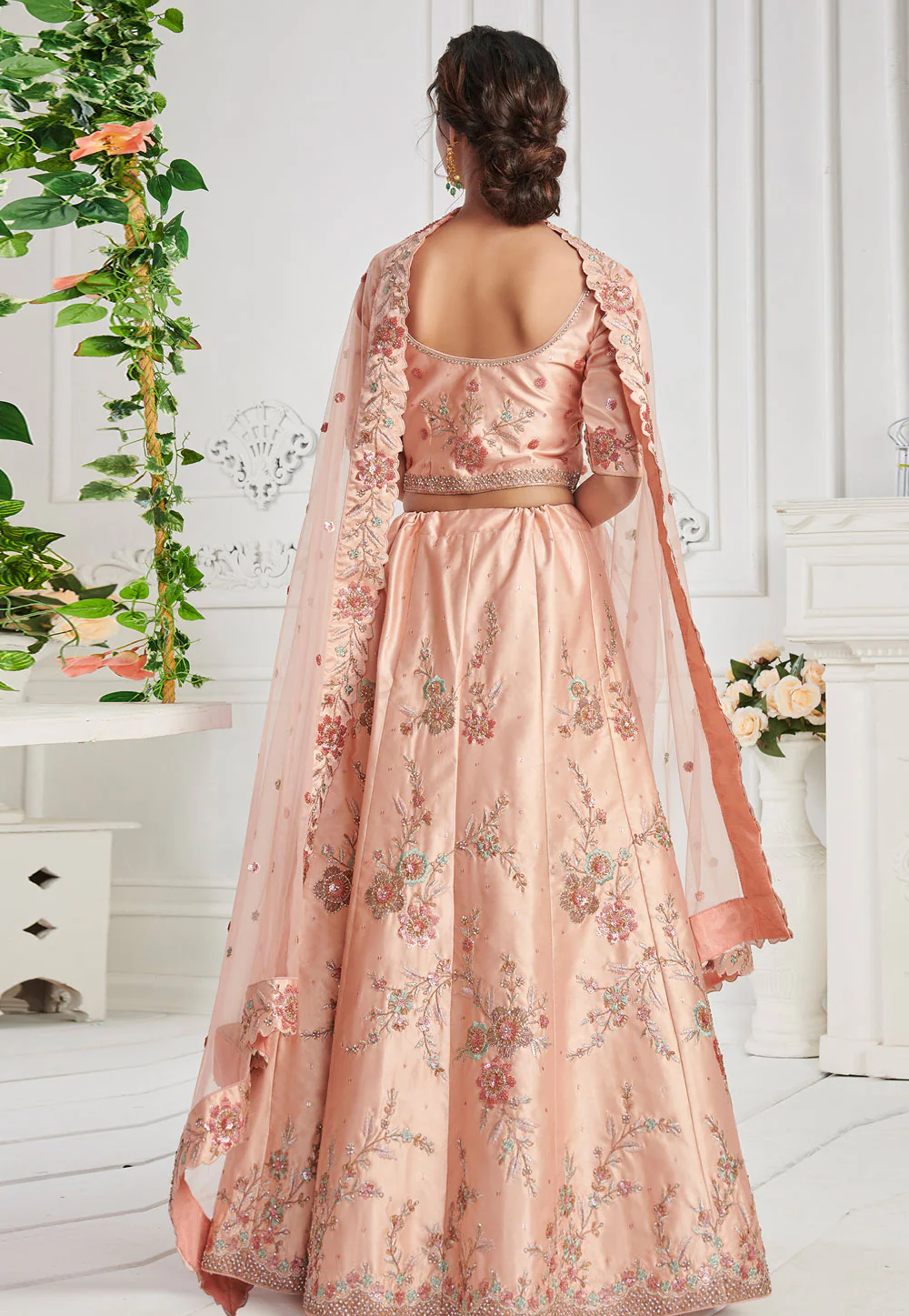 Peach Floral Embroidered Designer Lehenga Choli - Image 4