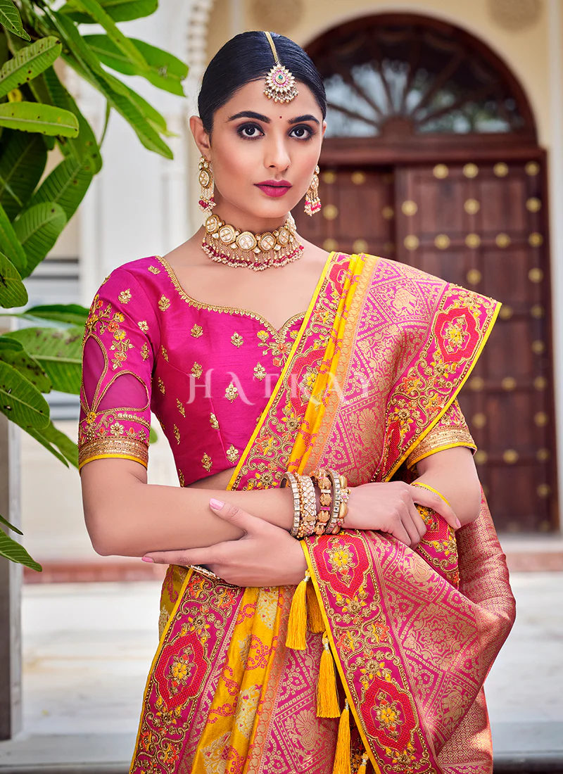 Pink Yellow Traditional Weaved Party Wear Silk Saree - Image 3