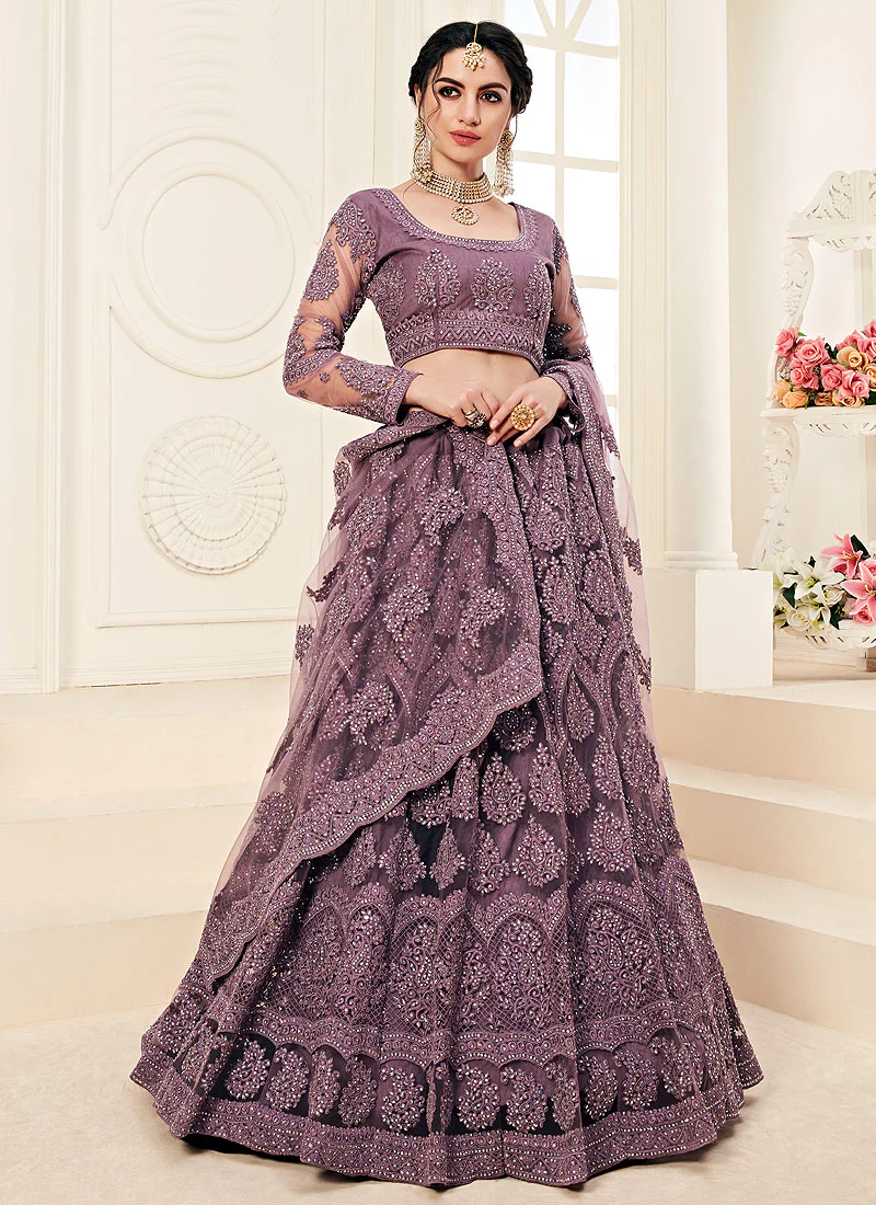 Purple Pearl Embroidered Wedding Lehenga Choli - Image 4