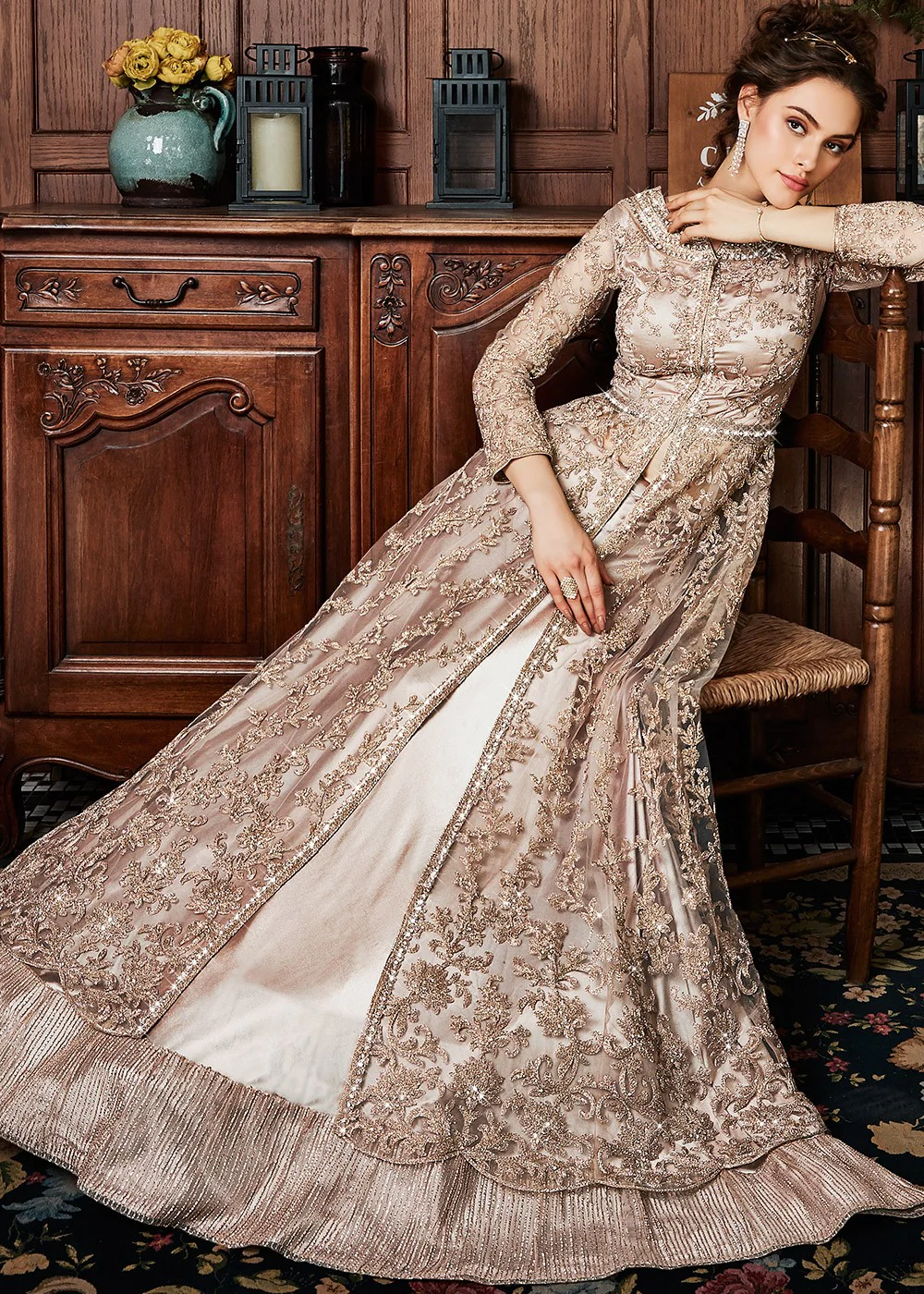 Rose Gold Coppers Embroidered Wedding Lehenga Suit - Image 6