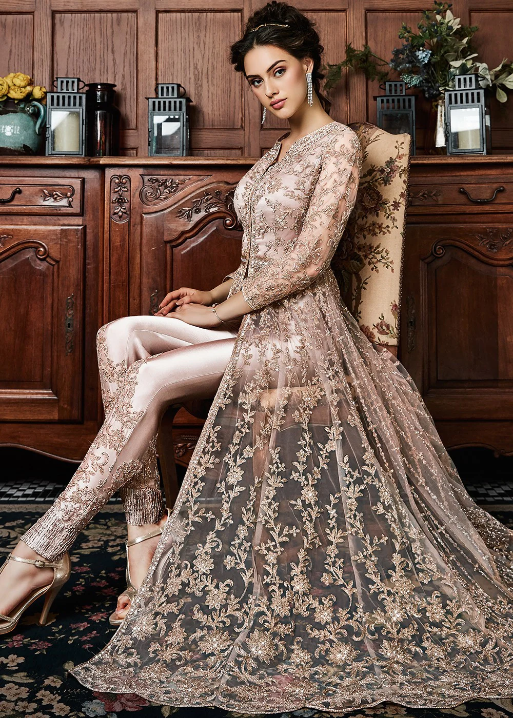 Rose Gold Coppers Embroidered Wedding Lehenga Suit - Image 7