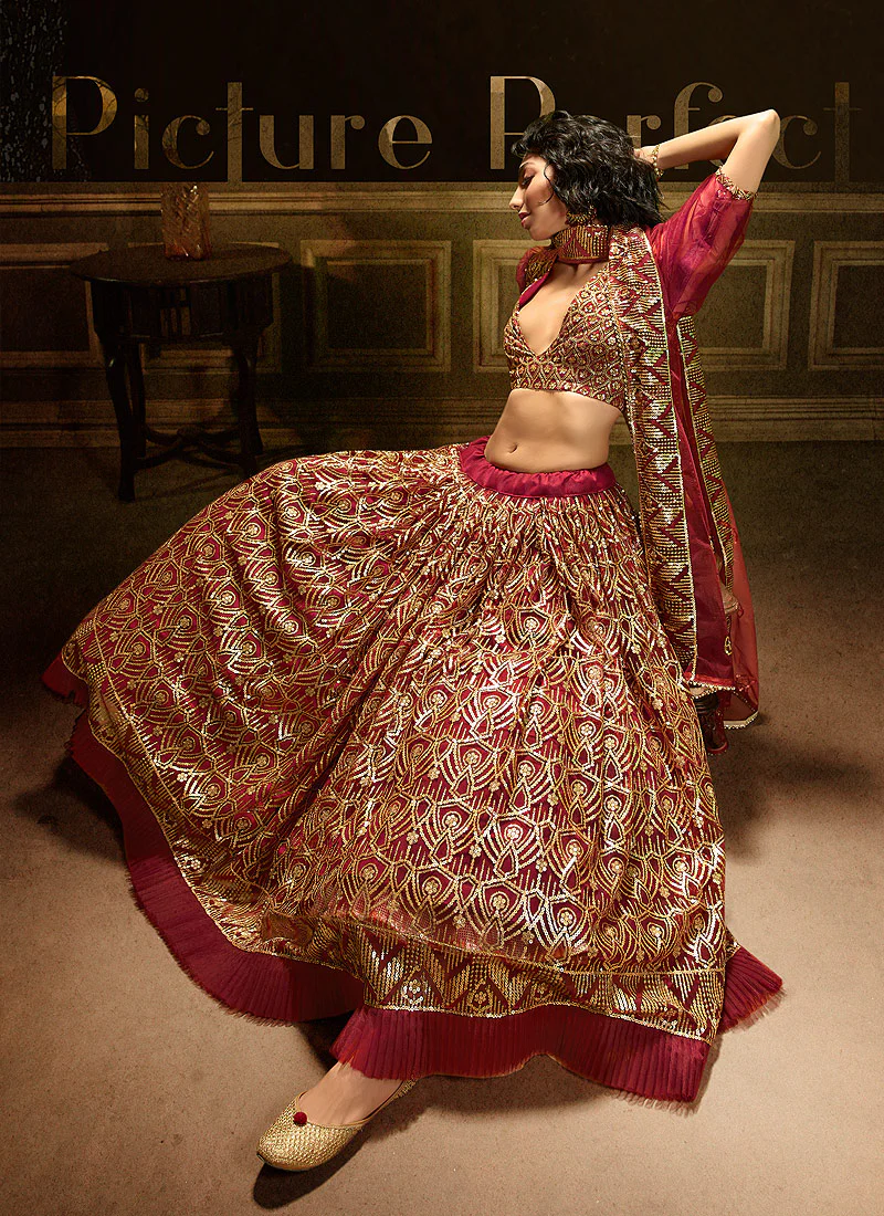 Rouge Red Embroidered Party Wear Lehenga Choli - Image 3