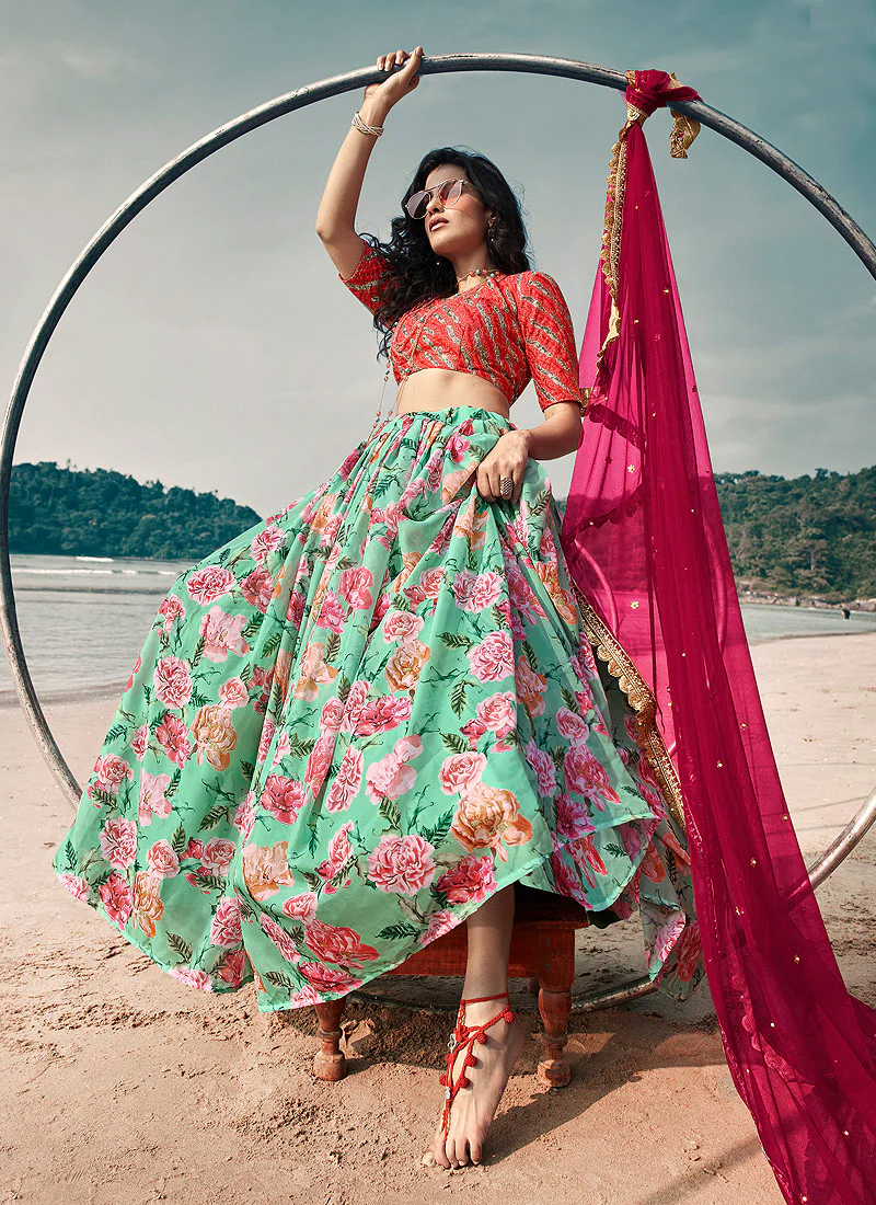 Sea Blue Floral Prints And Embroidered Lehenga Choli - Image 3