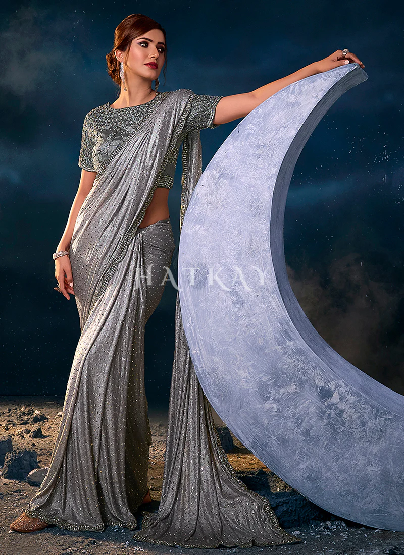 Silver Grey Sequence Embroidered Festive Saree - Image 3