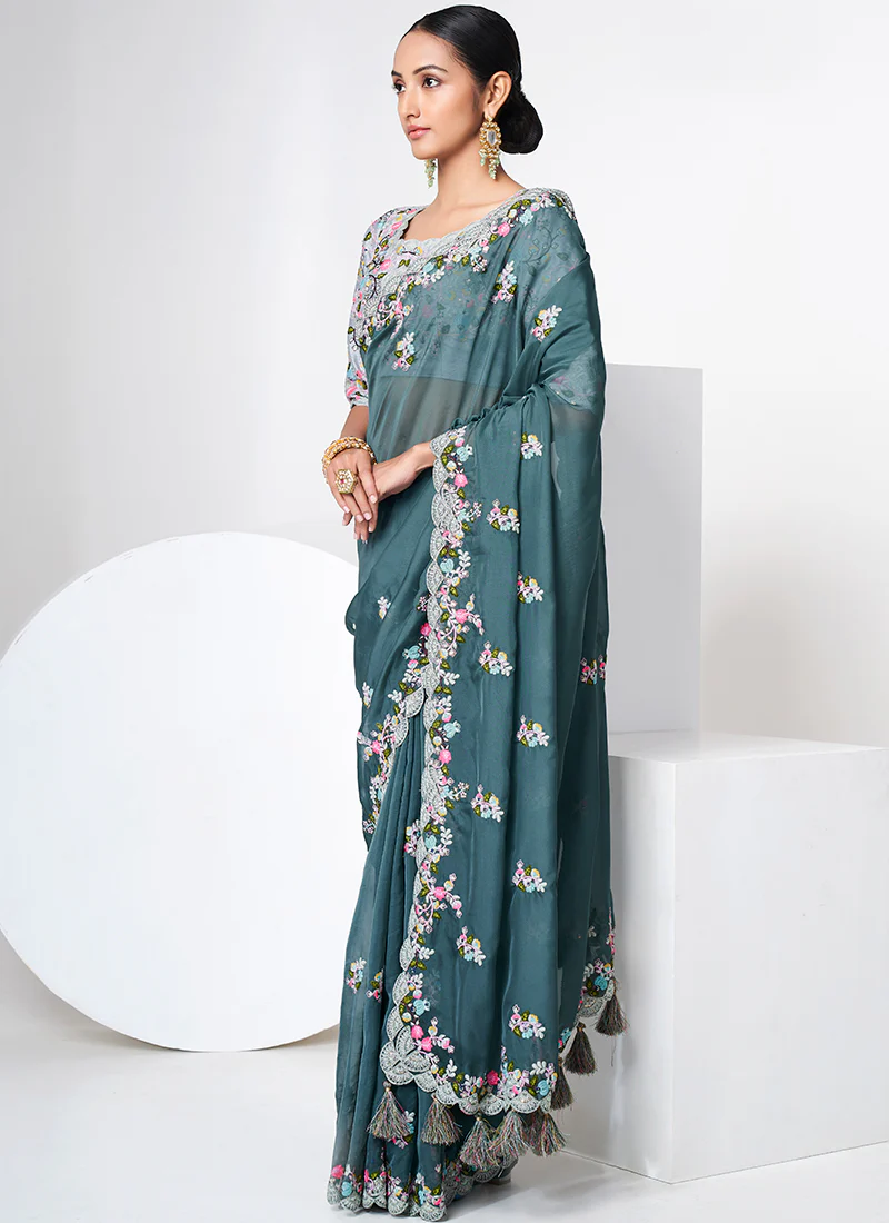 Teal Blue Multi Appliqué Embroidery Organza Silk Saree - Image 3