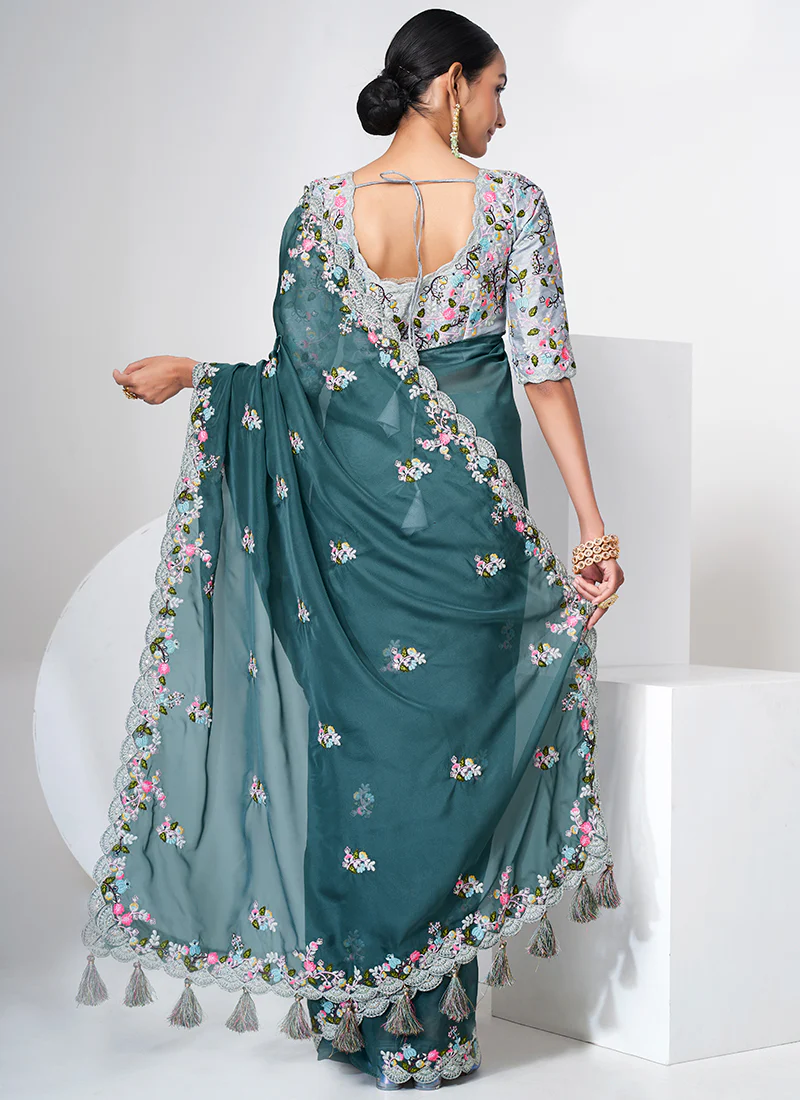 Teal Blue Multi Appliqué Embroidery Organza Silk Saree - Image 4