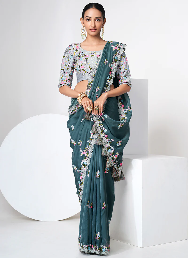Teal Blue Multi Appliqué Embroidery Organza Silk Saree - Image 5