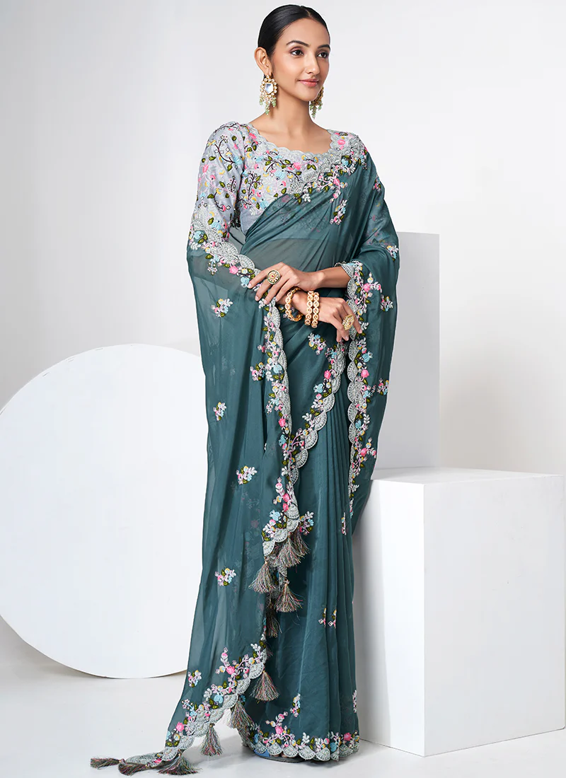 Teal Blue Multi Appliqué Embroidery Organza Silk Saree - Image 6