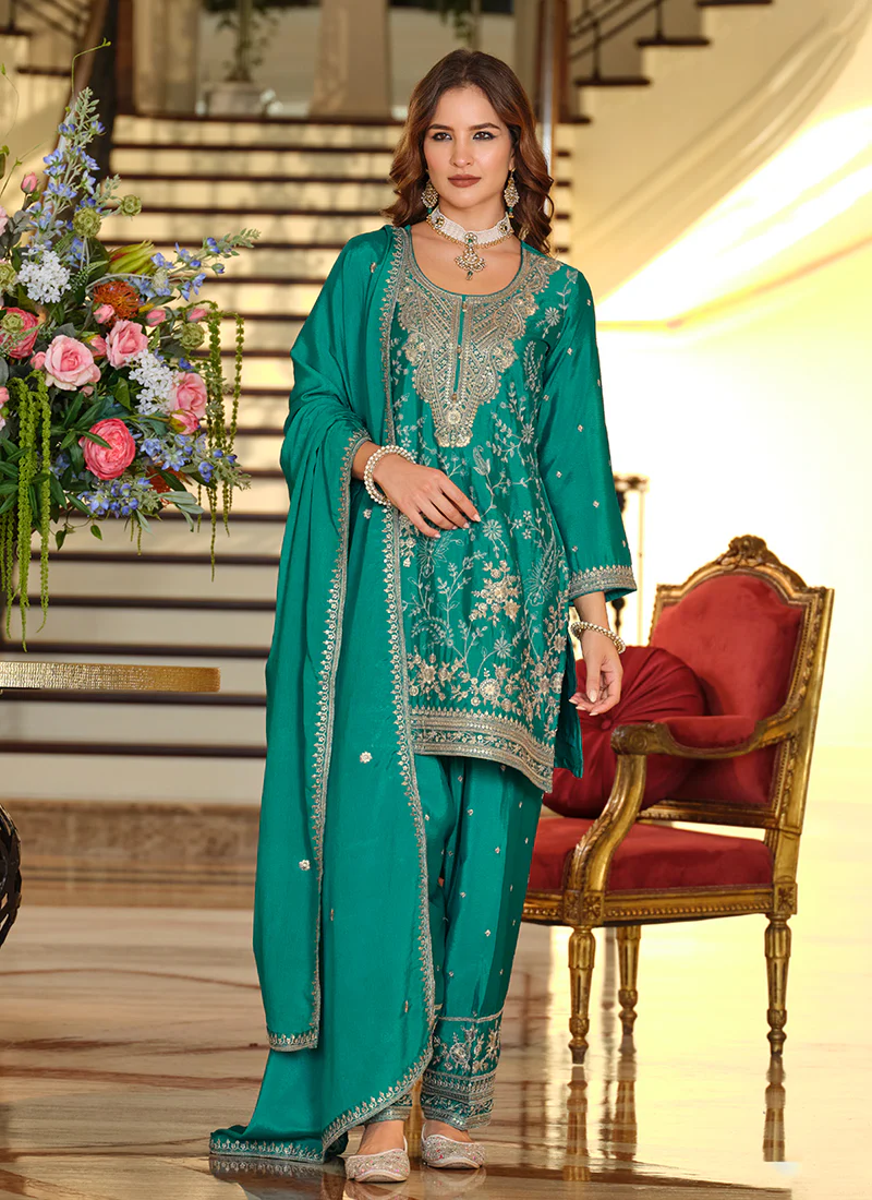 Turquoise Embroidered Chinnon Silk Patiala Suit - Image 3