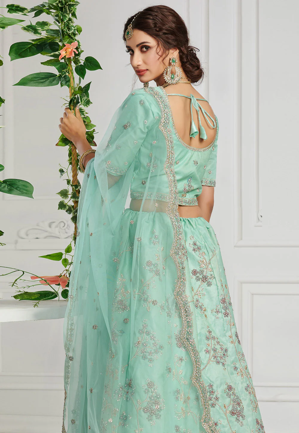 Turquoise Floral Embroidered Designer Lehenga Choli - Image 3