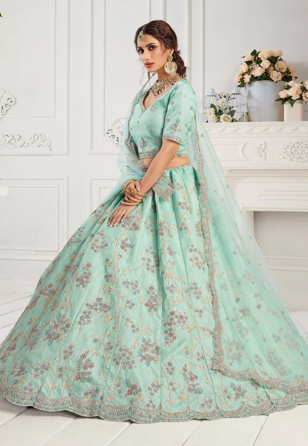 Turquoise Floral Embroidered Designer Lehenga Choli - Image 4