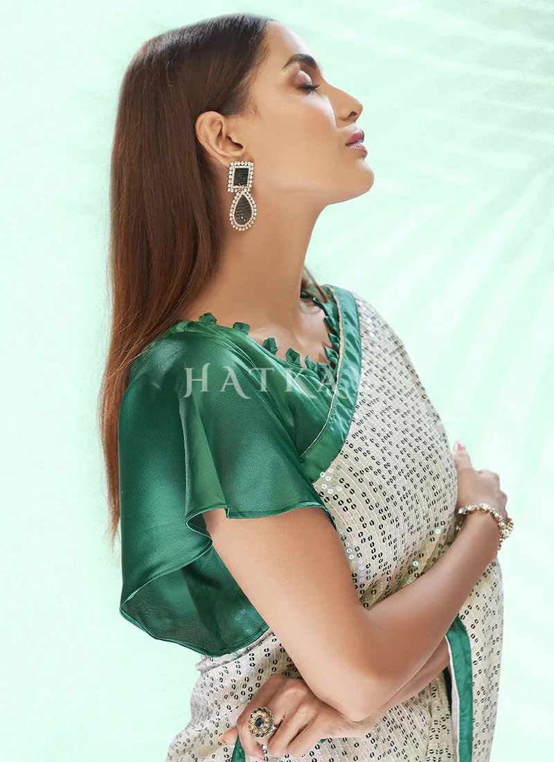 White And Green Designer Saree - Image 3