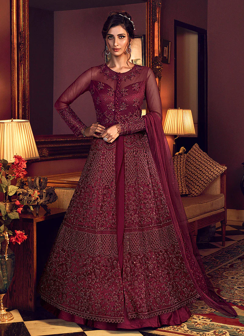 Wine Motif Embroidered Jacket Style Anarkali Pant - Image 3