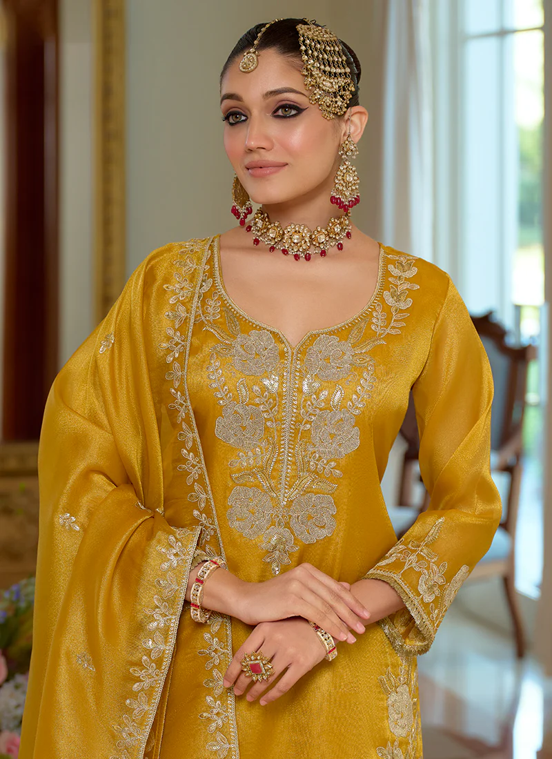 Yellow Reshamkari Embroidered Festive Palazzo Suit - Image 4